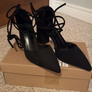 Black Lace Up Strappy Suede Heels
